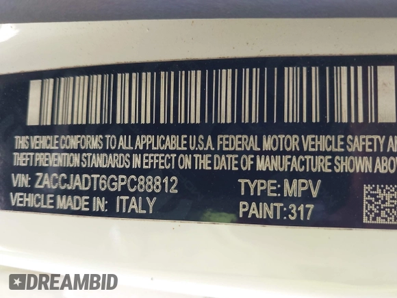 2016 Jeep Renegade Limited with VIN ZACCJADT6GPC88812, listed as a IAAI auction lot 41409614 with 99,243 mi miles and . Bid and sale history available at DreamBid. Image 9.