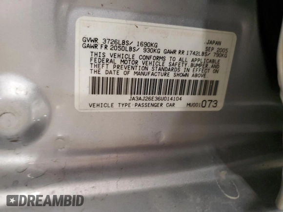 2006 Mitsubishi Lancer ES z VIN JA3AJ26E36U014104, wystawiony jako Copart lot #59814245 z przebiegiem 144 780 mil mil oraz Nie do naprawy • Non repairable. Historia ofert i sprzedaży dostępna na DreamBid. Obrazek 12.