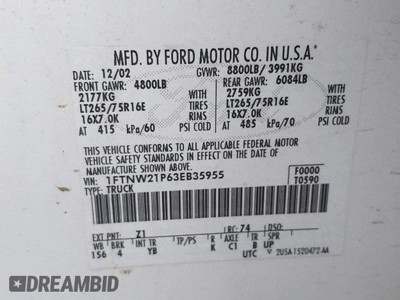 2003 Ford Super Duty F-250 XL with VIN 1FTNW21P63EB35955, listed as a IAAI auction lot 41723586 with 323,973 mi miles. Bid and sale history available at carsss.com. Image 9.