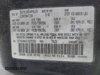 2001 Dodge Dakota Sport with VIN 1B7HG2AN31S225393, listed as a IAAI auction lot 42183298 with 244,961 mi miles and . Bid and sale history available at carsss.com. Image 9.