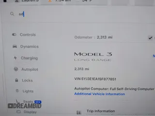 2025 Tesla Model 3 Long Range with VIN 5YJ3E1EA1SF877851, listed as a IAAI auction lot 41917772 with 2,313 mi miles and . Bid and sale history available at carsss.com. Image 14.