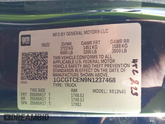 2022 Chevrolet Colorado 4WD LT with VIN 1GCGTCEN9N1237468, listed as a IAAI auction lot 41819949 with 42,145 mi miles and . Bid and sale history available at DreamBid. Image 9.