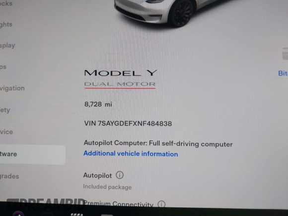 2022 Tesla Model Y Performance z VIN 7SAYGDEFXNF484838, wystawiony jako IAAI lot #41392095 z przebiegiem 8 728 mil mil oraz . Historia ofert i sprzedaży dostępna na DreamBid. Obrazek 7.