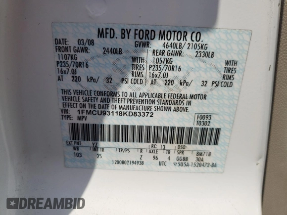 2008 Ford Escape XLT с VIN 1FMCU93118KD83372, выставлен на аукционе Copart как лот 61196675 с пробегом 139 044 миль миль и Списание • Salvage title. История ставок и продаж доступна на DreamBid. Изображение 13.