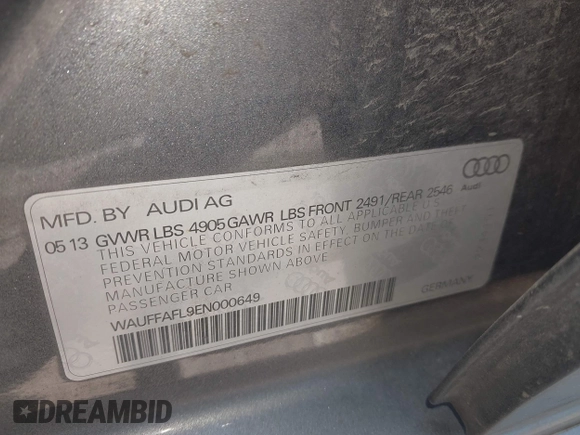 2014 Audi A4 Premium Plus with VIN WAUFFAFL9EN000649, listed as a IAAI auction lot 42261193 with 153,429 mi miles and . Bid and sale history available at DreamBid. Image 9.