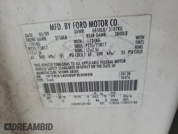 2009 Ford F-150 STX with VIN 1FTRX14W89FB30559, listed as a Copart auction lot 59613875 with 113,592 mi miles and Clean title. Bid and sale history available at DreamBid. Image 12.