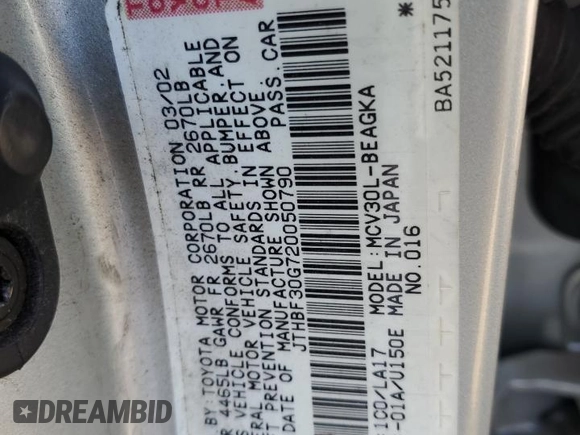 2002 Lexus ES 300 with VIN JTHBF30G720050790, listed as a Copart auction lot 54866125 with 233,167 mi miles and Salvage title. Bid and sale history available at DreamBid. Image 12.