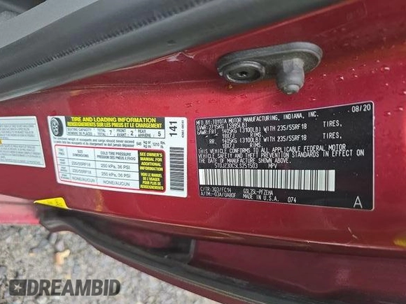 2020 Toyota Sienna LE with VIN 5TDJZ3DC5LS251503, listed as a IAAI auction lot 42610520 with 131,850 mi miles and . Bid and sale history available at DreamBid. Image 11.
