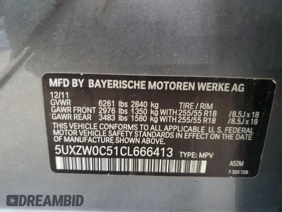 2012 BMW X5 35d with VIN 5UXZW0C51CL666413, listed as a Copart auction lot 54561955 with 155,762 mi miles and Clean title. Bid and sale history available at DreamBid. Image 13.