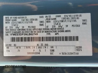 2022 Ford Bronco with VIN 1FMEE5DP3NLB62749, listed as a Copart auction lot 52227435 with 59,444 mi miles and Salvage Title. Bid and sale history available at DreamBid. Image 13.