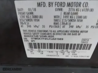 2018 Ford Explorer Limited with VIN 1FM5K7F85JGA81989, listed as a IAAI auction lot 41701095 with 140,343 mi miles. Bid and sale history available at carsss.com. Image 9.