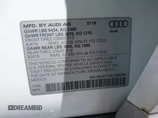 2019 Audi Q5 Premium Plus with VIN WA1BNAFY7K2056998, listed as a IAAI auction lot 42230392 with 52,289 mi miles and . Bid and sale history available at DreamBid. Image 9.