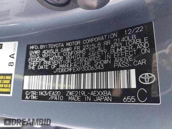 2023 Toyota Corolla Hybrid LE with VIN JTDBCMFEXP3006343, listed as a IAAI auction lot 41056503 with 121,690 mi miles. Bid and sale history available at carsss.com. Image 9.