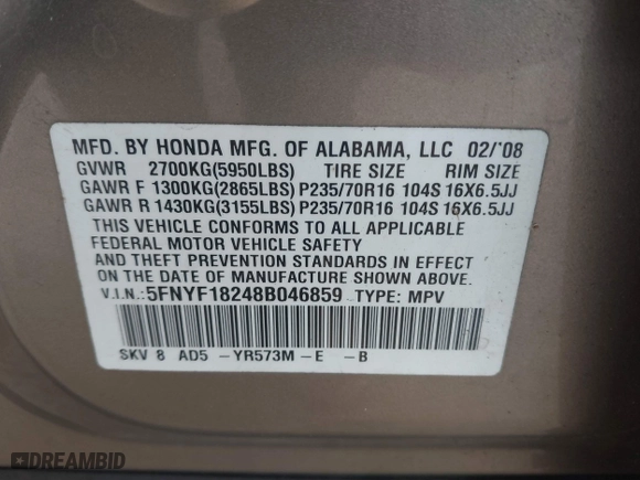 2008 Honda Pilot VP with VIN 5FNYF18248B046859, listed as a IAAI auction lot 41738896 with 524,762 mi miles. Bid and sale history available at carsss.com. Image 9.