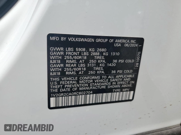 2024 Volkswagen Atlas Peak Edition SEL with VIN 1V2GR2CA0RC602704, listed as a Copart auction lot 57132995 with 11,474 mi miles and Salvage title. Bid and sale history available at DreamBid. Image 13.
