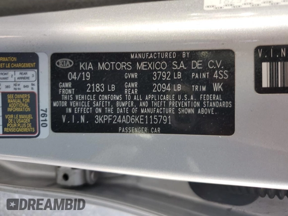 2019 Kia Forte LXS with VIN 3KPF24AD6KE115791, listed as a Copart auction lot 59387565 with 128,675 mi miles and Salvage title. Bid and sale history available at DreamBid. Image 13.