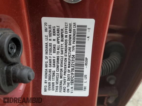 2020 Honda Civic Sedan EX-L with VIN 19XFC1F76LE213154, listed as a Copart auction lot 48871875 with 58,641 mi miles and Salvage Title. Bid and sale history available at carsss.com. Image 12.