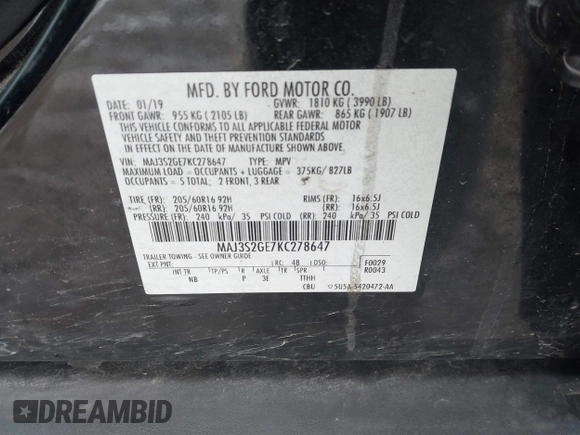 2019 Ford EcoSport SE with VIN MAJ3S2GE7KC278647, listed as a IAAI auction lot 41739717 with 108,935 mi miles and . Bid and sale history available at DreamBid. Image 9.