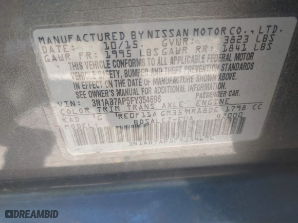 2015 Nissan Sentra S with VIN 3N1AB7AP5FY354696, listed as a IAAI auction lot 42001771 with 131,920 mi miles. Bid and sale history available at carsss.com. Image 9.