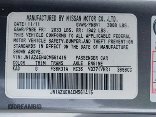 2012 Nissan 370Z Touring with VIN JN1AZ4EH4CM561415, listed as a IAAI auction lot 41838948 with 111,298 mi miles. Bid and sale history available at carsss.com. Image 9.