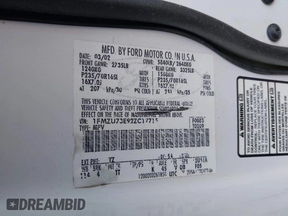 2002 Ford Explorer XLT с VIN 1FMZU73E92ZC17715, выставлен на аукционе IAAI как лот 42130163 с пробегом 243 059 миль миль и . История ставок и продаж доступна на DreamBid. Изображение 9.