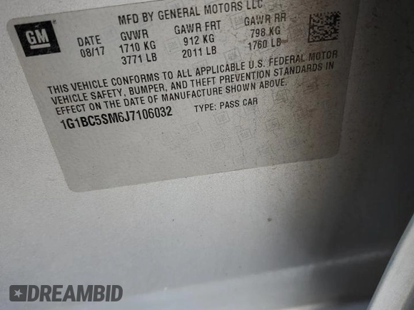 2018 Chevrolet Cruze LS with VIN 1G1BC5SM6J7106032, listed as a Copart auction lot 54736655 with 107,685 mi miles and Salvage Title. Bid and sale history available at DreamBid. Image 12.