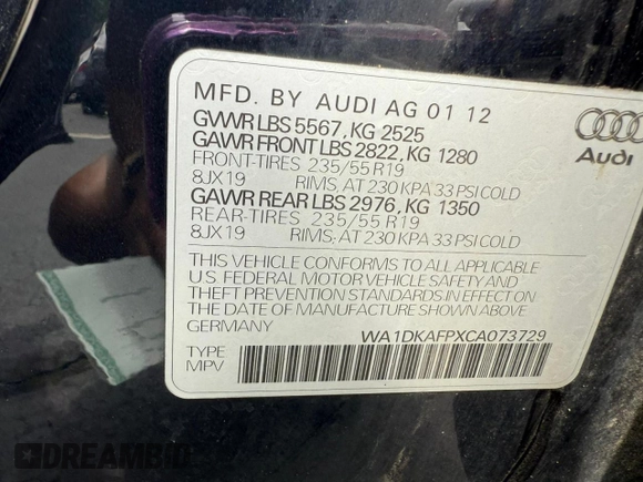 2012 Audi Q5 Premium Plus with VIN WA1DKAFPXCA073729, listed as a Copart auction lot 64176255 with 149,718 mi miles and Clean title. Bid and sale history available at DreamBid. Image 10.