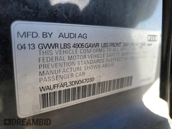 2013 Audi A4 Premium Plus with VIN WAUFFAFL3DN047030, listed as a Copart auction lot 80954034 with 0 mi miles and Salvage Title. Bid and sale history available at carsss.com. Image 14.