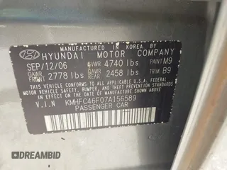 2007 Hyundai Azera SE with VIN KMHFC46F07A156589, listed as a IAAI auction lot 40896753 with 0 mi miles. Bid and sale history available at carsss.com. Image 9.