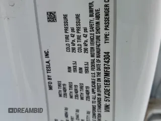2021 Tesla Model 3 Long Range with VIN 5YJ3E1EB7MF874304, listed as a Copart auction lot 52652825 with Not Provided miles and Salvage Title. Bid and sale history available at carsss.com. Image 14.