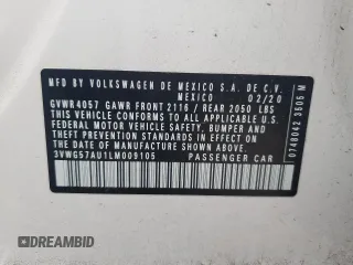 2020 Volkswagen Golf TSI z VIN 3VWG57AU1LM009105, wystawiony jako Copart lot #53172025 z przebiegiem 46 782 mil mil oraz Szkoda całkowita • Salvage title. Historia ofert i sprzedaży dostępna na DreamBid. Obrazek 15.