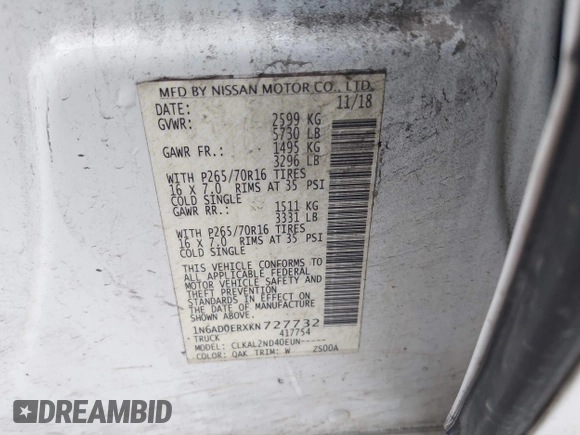 2019 Nissan Frontier S with VIN 1N6AD0ERXKN727732, listed as a IAAI auction lot 41509340 with 141,301 mi miles and . Bid and sale history available at DreamBid. Image 9.