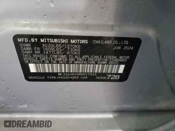 2024 Mitsubishi Mirage ES with VIN ML32AUHJ3RH017533, listed as a Copart auction lot 61968955 with 15,596 mi miles and Salvage title. Bid and sale history available at DreamBid. Image 13.