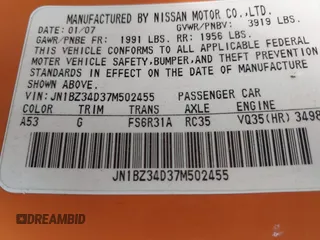 2007 Nissan 350Z Enthusiast z VIN JN1BZ34D37M502455, wystawiony jako IAAI lot #42307364 z przebiegiem Nie podano mil oraz . Historia ofert i sprzedaży dostępna na DreamBid. Obrazek 9.