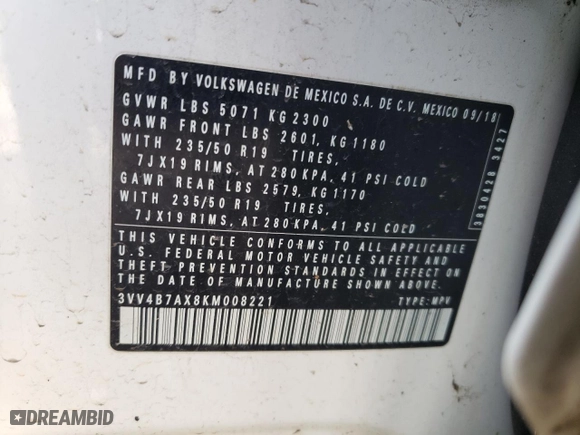 2019 Volkswagen Tiguan SEL Premium with VIN 3VV4B7AX8KM008221, listed as a Copart auction lot 44322485 with 98,448 mi miles and Salvage Title. Bid and sale history available at carsss.com. Image 13.