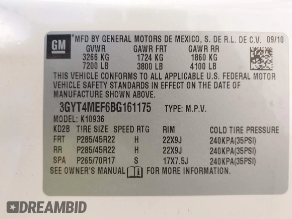 2011 Cadillac Escalade EXT Luxury with VIN 3GYT4MEF6BG161175, listed as a IAAI auction lot 42047669 with 115,235 mi miles. Bid and sale history available at carsss.com. Image 9.
