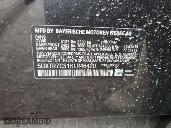2019 BMW X3 sDrive30i with VIN 5UXTR7C51KLR46420, listed as a Copart auction lot 45377035 with 114,191 mi miles and Salvage Title. Bid and sale history available at carsss.com. Image 16.