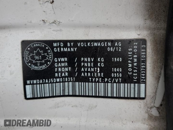 2013 Volkswagen Golf с VIN WVWDA7AJ5DW018351, выставлен на аукционе Copart как лот 59557595 с пробегом 215 043 миль миль и Чистый • Clean title. История ставок и продаж доступна на DreamBid. Изображение 12.