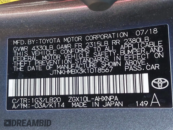 2019 Toyota C-HR XLE with VIN JTNKHMBX3K1018567, listed as a IAAI auction lot 41602932 with 213,386 mi miles and . Bid and sale history available at DreamBid. Image 9.