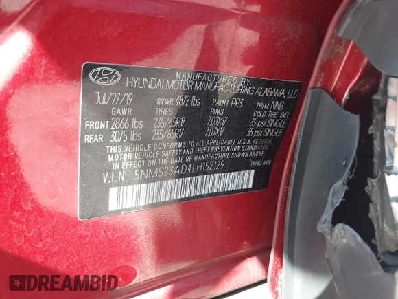 2020 Hyundai Santa Fe SE с VIN 5NMS23AD4LH152129, выставлен на аукционе IAAI как лот 42550545 с пробегом 64 946 миль миль и . История ставок и продаж доступна на DreamBid. Изображение 9.