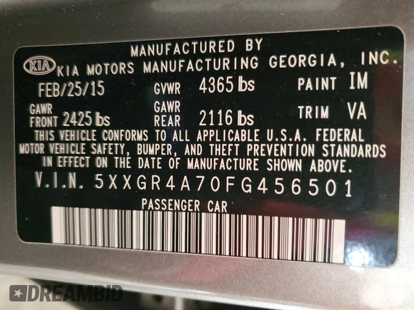 2015 Kia Optima SX with VIN 5XXGR4A70FG456501, listed as a Copart auction lot 47681395 with 125,092 mi miles and Salvage Title. Bid and sale history available at carsss.com. Image 14.