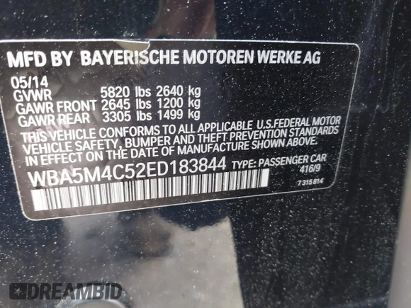 2014 BMW 5 Series 535i Gran Turismo xDrive with VIN WBA5M4C52ED183844, listed as a IAAI auction lot 42227214 with 104,098 mi miles and . Bid and sale history available at DreamBid. Image 9.