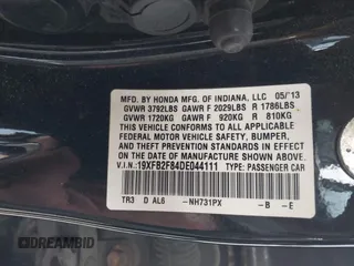 2013 Honda Civic EX with VIN 19XFB2F84DE044111, listed as a IAAI auction lot 42063587 with 170,374 mi miles and . Bid and sale history available at DreamBid. Image 9.