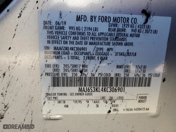 2019 Ford EcoSport Titanium with VIN MAJ6S3KL4KC306901, listed as a Copart auction lot 50144905 with 0 mi miles and Salvage Title. Bid and sale history available at carsss.com. Image 13.