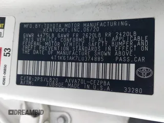 2020 Toyota Camry XSE with VIN 4T1K61AK7LU374885, listed as a IAAI auction lot 41579252 with 85,750 mi miles and . Bid and sale history available at DreamBid. Image 9.