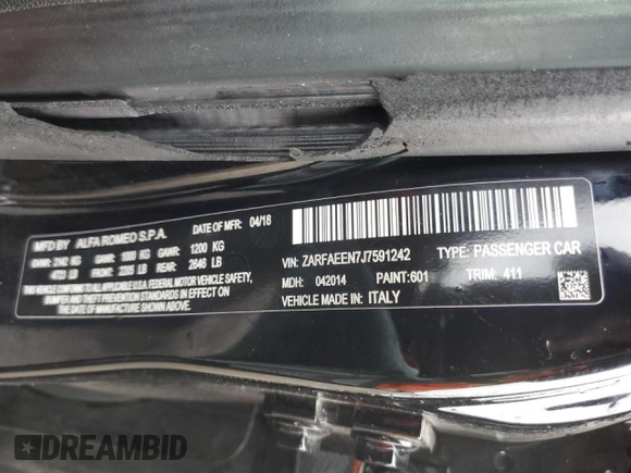 2018 Alfa Romeo Giulia Ti Lusso z VIN ZARFAEEN7J7591242, wystawiony jako Copart lot #76431503 z przebiegiem 64 000 mil mil oraz Nie do naprawy • Non repairable. Historia ofert i sprzedaży dostępna na DreamBid. Obrazek 12.