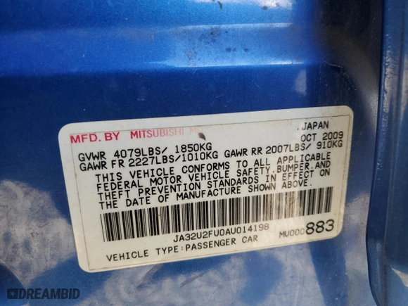 2010 Mitsubishi Lancer ES with VIN JA32U2FU0AU014198, listed as a Copart auction lot 87740045 with 85,321 mi miles and Clean Title. Bid and sale history available at carsss.com. Image 12.