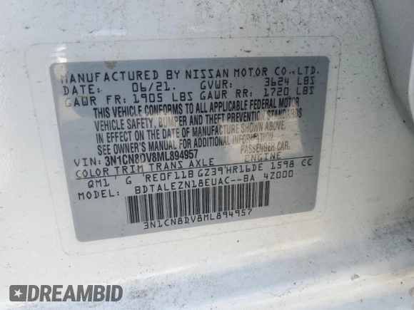 2021 Nissan Versa S with VIN 3N1CN8DV8ML894957, listed as a Copart auction lot 56838415 with 30,233 mi miles and Salvage title. Bid and sale history available at DreamBid. Image 12.