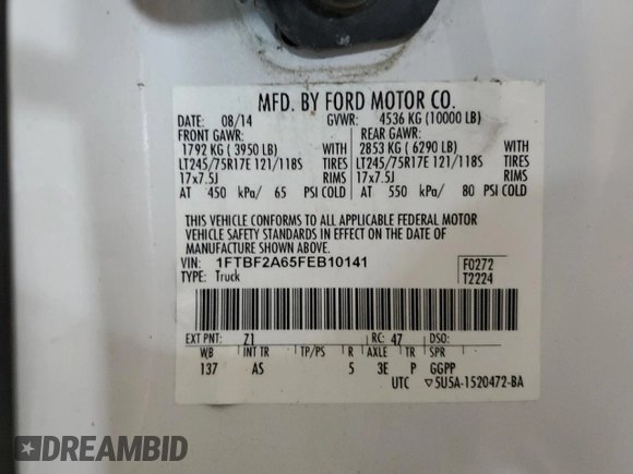 2015 Ford F-250 XL with VIN 1FTBF2A65FEB10141, listed as a Copart auction lot 65227535 with 163,790 mi miles and Salvage title. Bid and sale history available at DreamBid. Image 12.