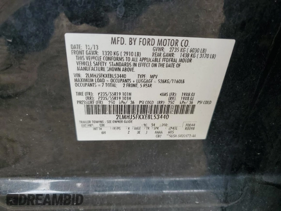 2014 Lincoln MKT with VIN 2LMHJ5FKXEBL53440, listed as a Copart auction lot 49063455 with 207,928 mi miles and Salvage Title. Bid and sale history available at DreamBid. Image 13.